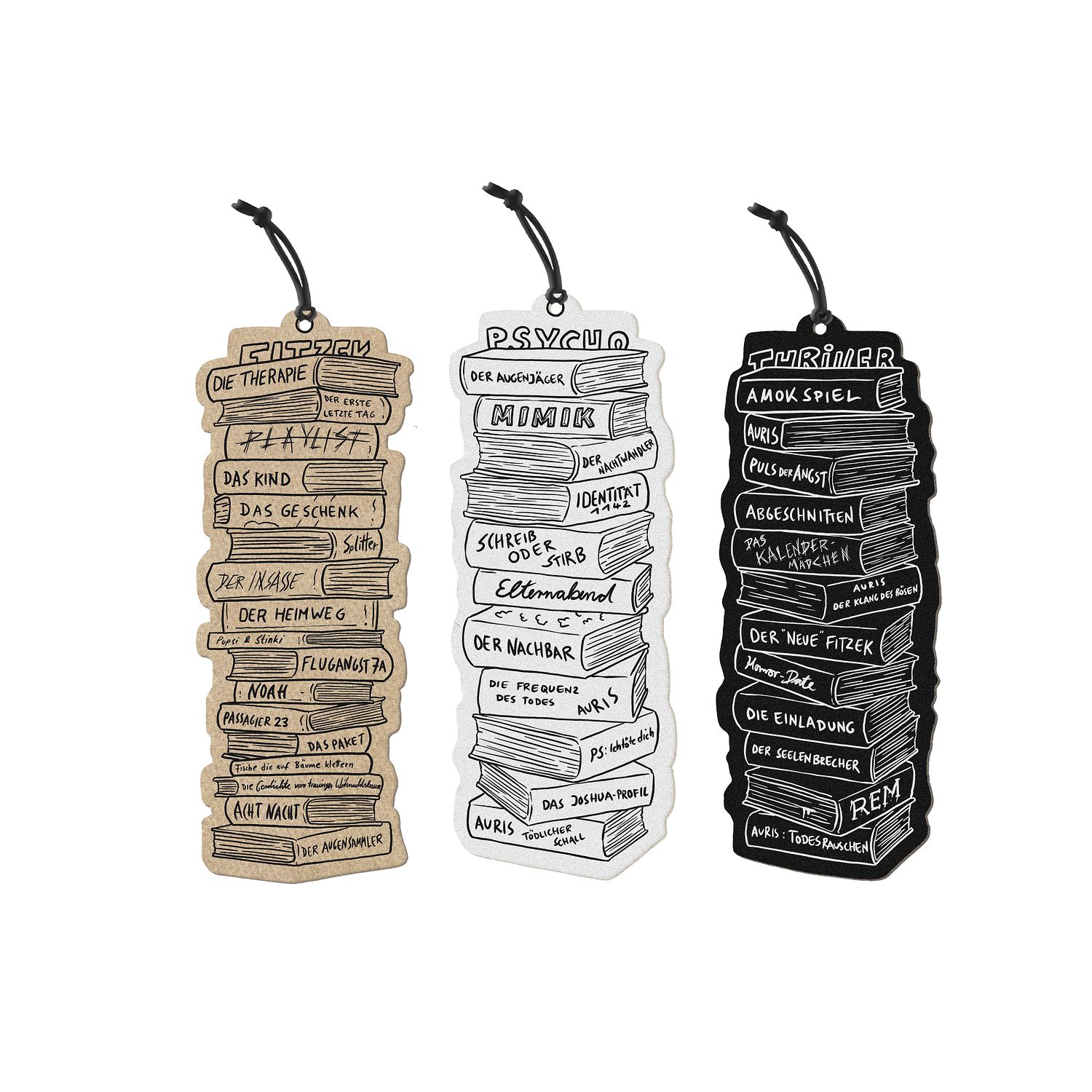 Sebastian Fitzek - Fitzek, Psycho, Thriller - 3-teiliges Lesezeichen Set - Natural, White, Black